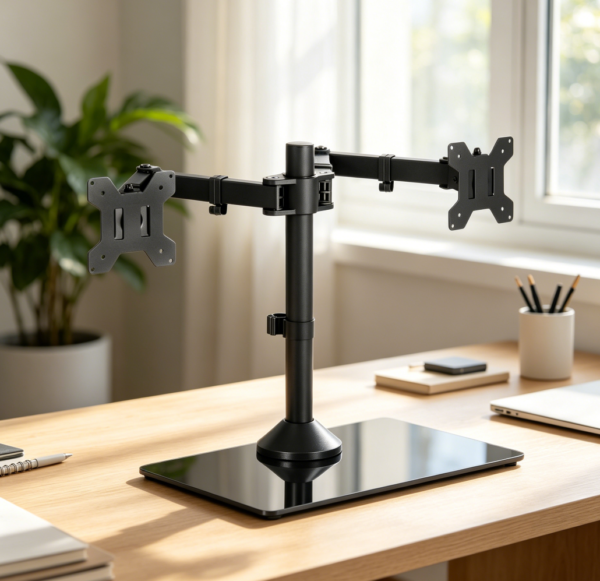 Dual Monitor Stand, Glass Base, Adjustable, Fits up to 81 cm, 10 kg per Arm, Black